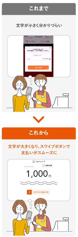 au PAY決済時に表示される金額などの文字サイズが大きくなりまし