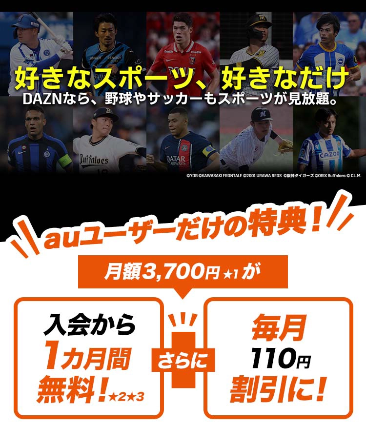 好きなスポーツ、好きなだけ DAZNなら、野球やサッカーもスポーツが見放題。auユーザーだけの特典！月額3,700円★1が入会から1カ月間無料！★2さらに毎月110円割引に！