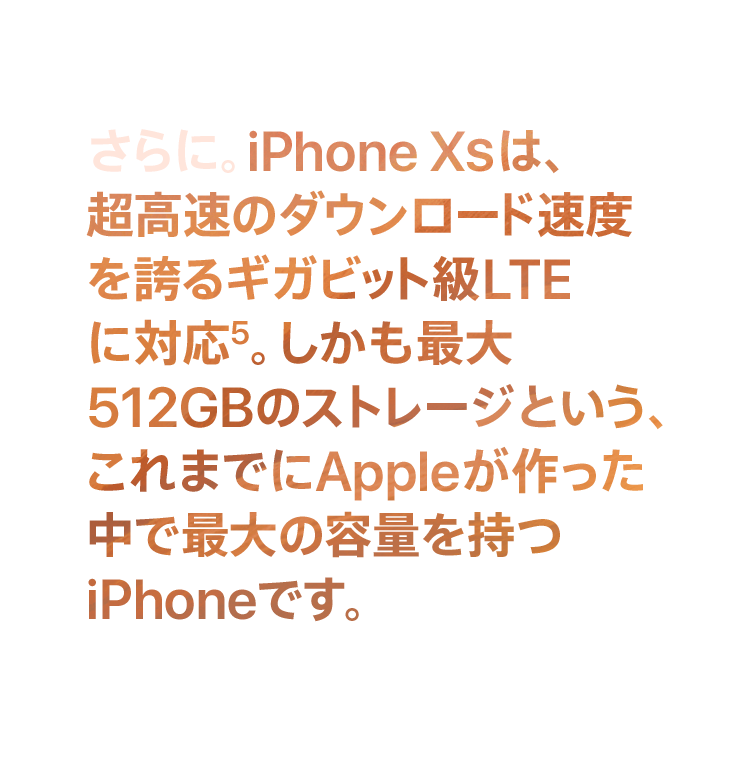 さらに。iPhone XSは、超高速のダウンロード速度を誇るギガビット級LTEに対応5。しかも最大512GBのストレージという、これまでにAppleが作った中で最大の容量を持つiPhoneです。