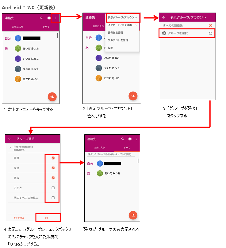 Android™7.0連絡先のグル―プ表示方法の変更の画像