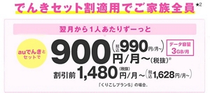専用　フォロー　セット割引 UQmobile】でんきセット割で一人あたり毎月900円！ | au携帯