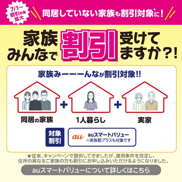 7/1～割引対象拡大 同居していない家族も割引対象に！家族みんなで割引受けてますか？！の詳細ページに遷移するバナー