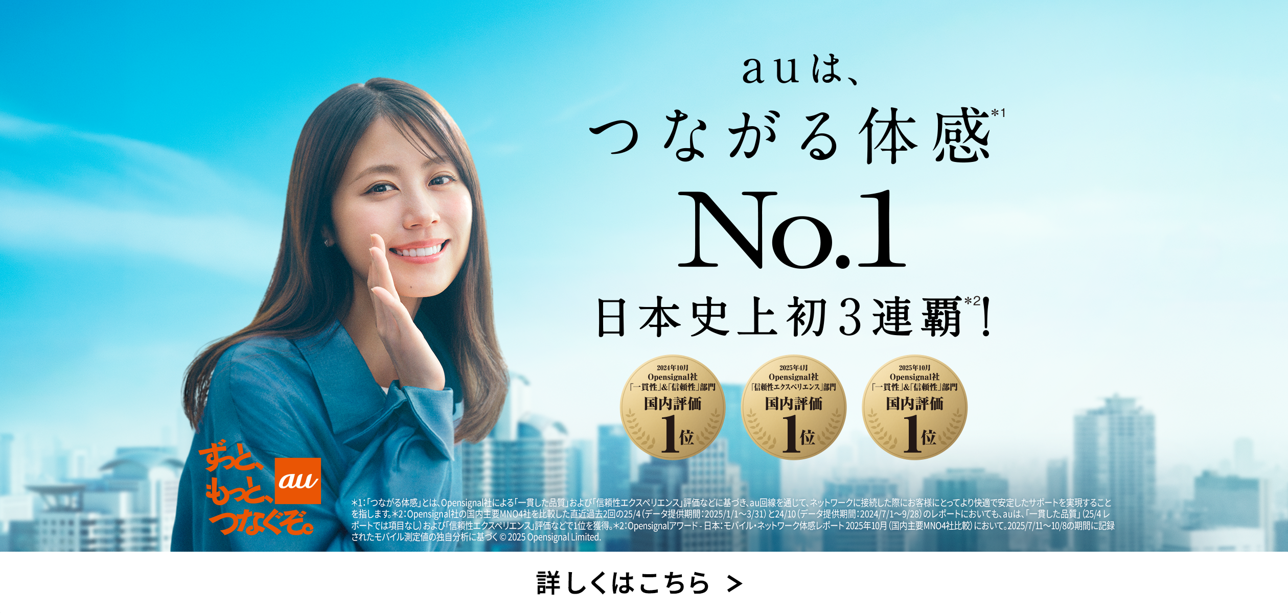バナー：auは、つながる体感No.1　日本史上初3連覇